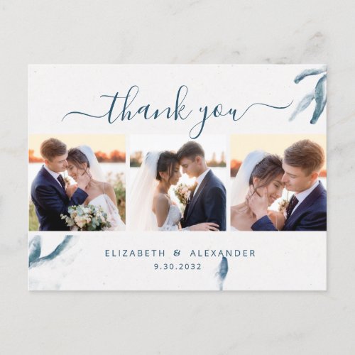 Elegant blue watercolor wedding 3 photo thank you postcard