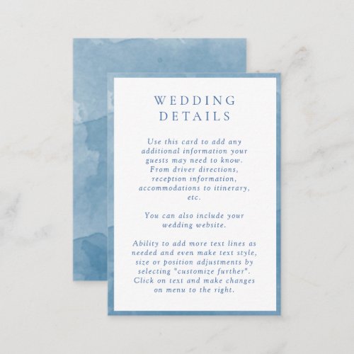 Elegant Blue Watercolor Wedding Details Enclosure 