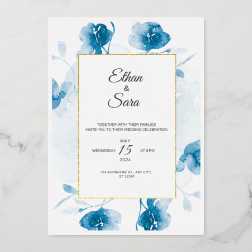 Elegant Blue Watercolor Wedding Invitation Design Foil Invitation