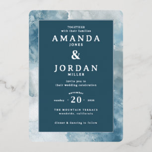 Elegant Blue Watercolor Wedding Invitation Foil Invitation