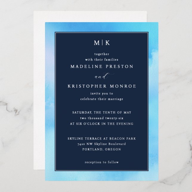Elegant Blue Watercolor Wedding Invitation Foil Invitation (Front/Back)