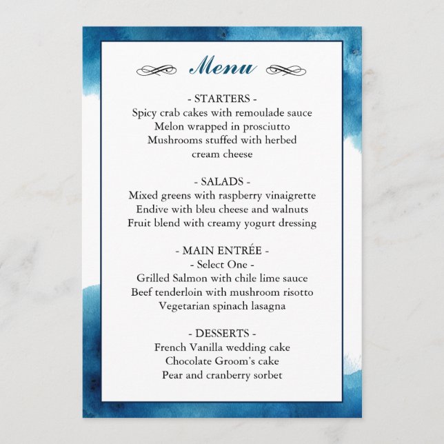 Elegant Blue Watercolor Wedding Menu (Front)