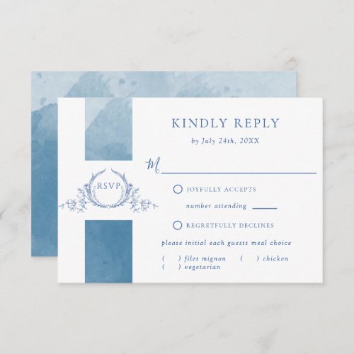 Elegant Blue Watercolor Wedding Monogram RSVP Card