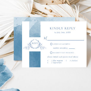 Elegant Blue Watercolor Wedding Monogram RSVP Card