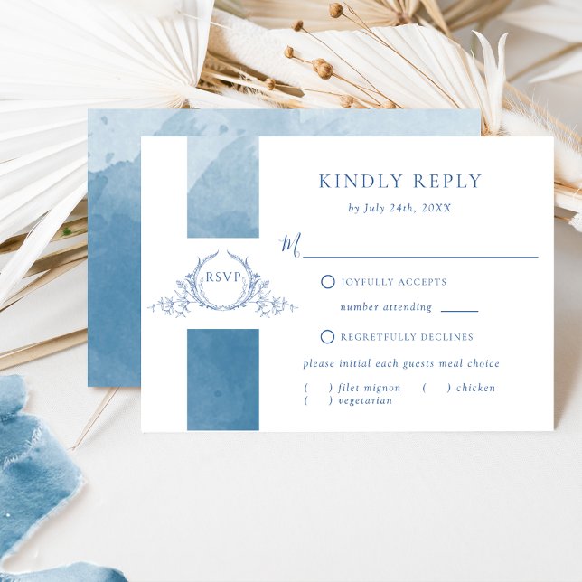 Elegant Blue Watercolor Wedding Monogram RSVP Card (Creator Uploaded)