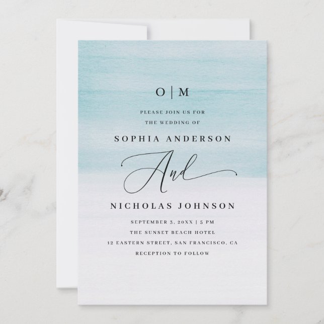 Elegant Blue Watercolor Wedding | Nautical Script  Invitation (Front)