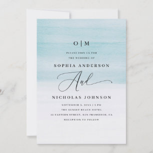 Elegant Blue Watercolor Wedding Nautical Script Invitation