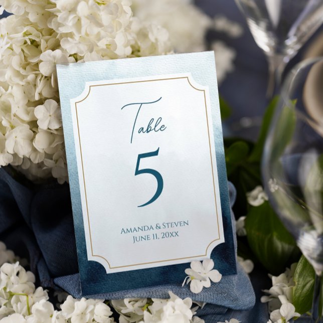 Elegant Blue Watercolor Wedding Reception Table Number (Blue wedding reception table number sign)