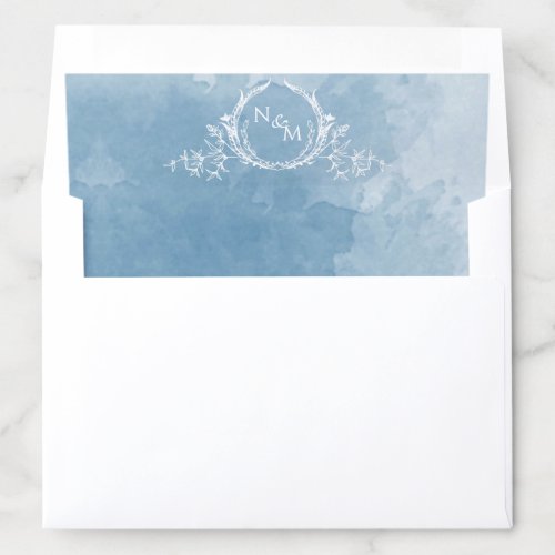 Elegant Blue Watercolor White Monogram Wedding Envelope Liner