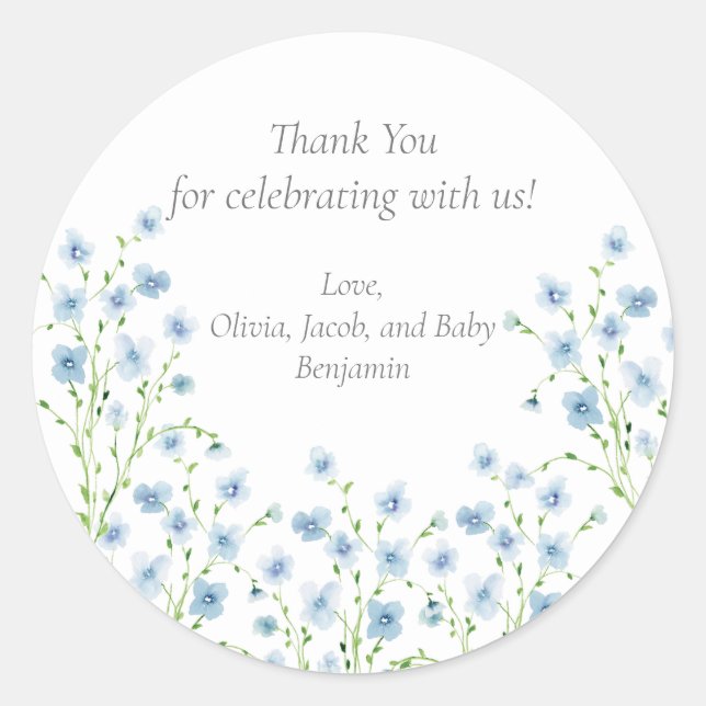Elegant Blue Watercolor Wildflower Baby Shower Classic Round Sticker (Front)