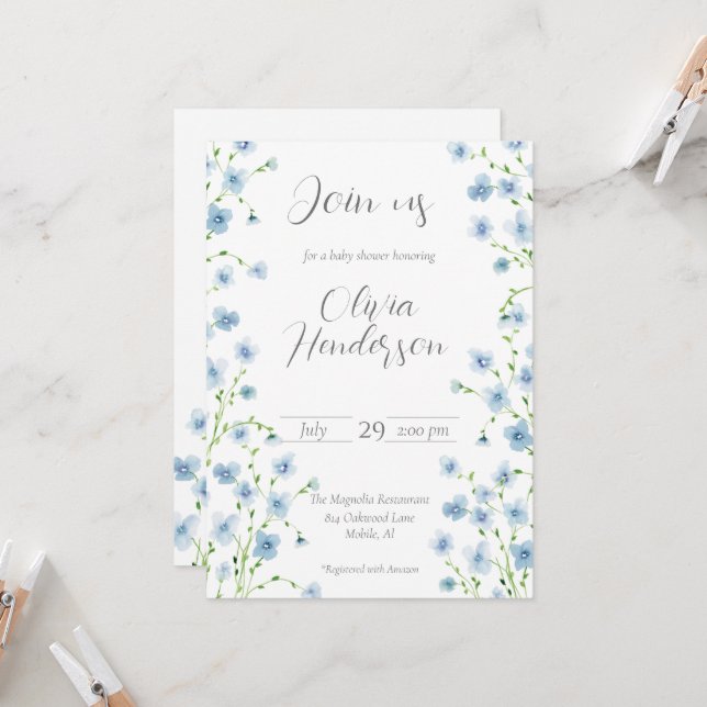 Elegant Blue Watercolor Wildflower Baby Shower Invitation (Front/Back In Situ)