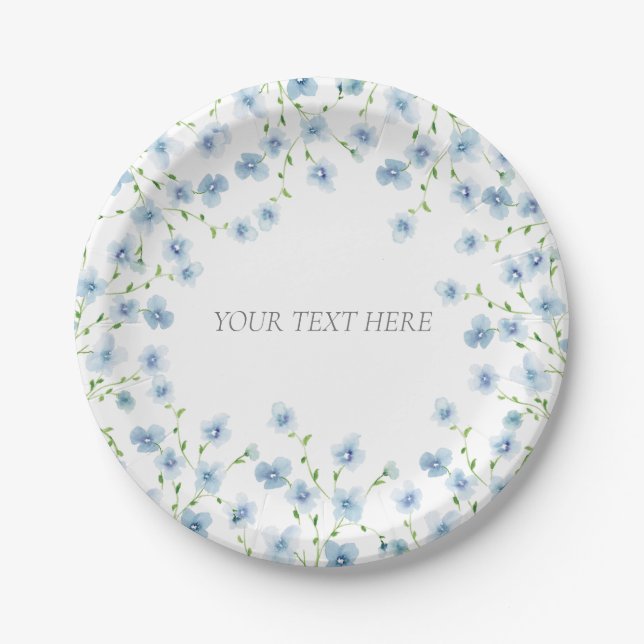 Elegant Blue Watercolor Wildflower  Paper Plates (Front)