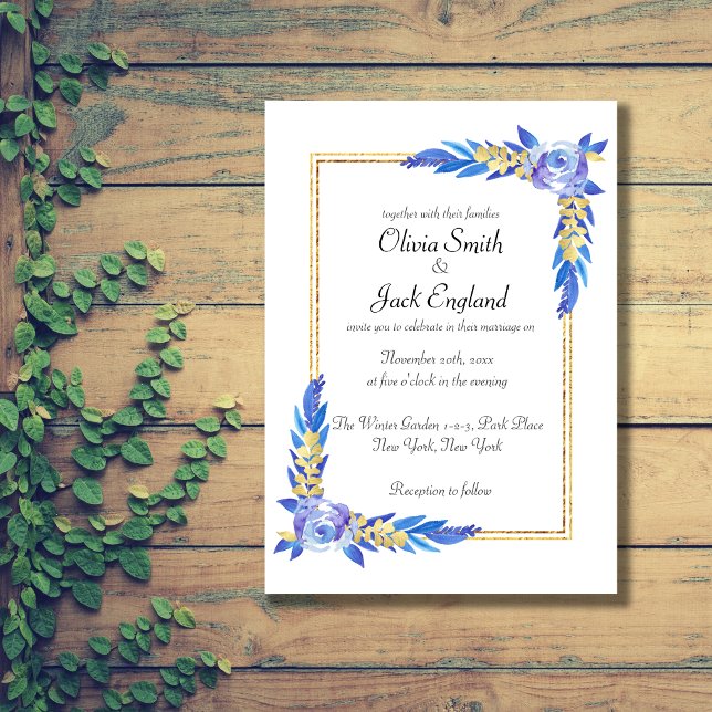 Elegant Blue Watercolor Wildflower Wedding Invitation (elegant blue flower, simple classic wedding invitation)