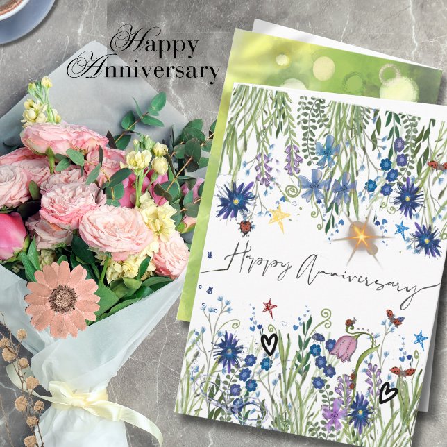 Elegant Blue Watercolor Wildflowers Anniversary  Card (Elegant Blue Watercolor Wildflowers Anniversary Card (3))