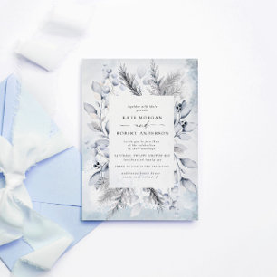 Elegant Blue Watercolor Winter Floral Wedding Invitation
