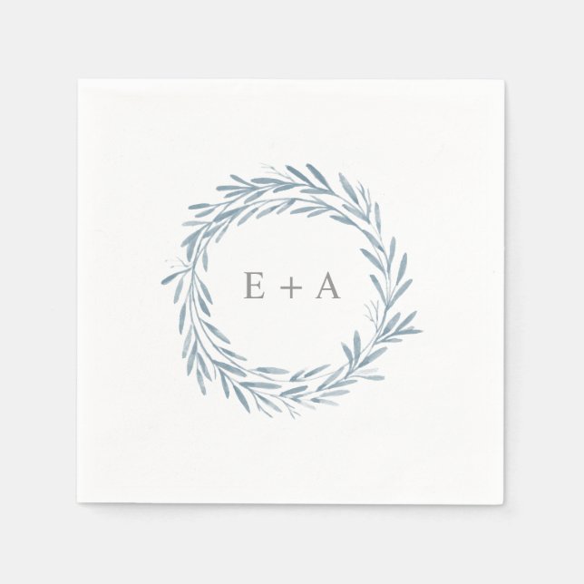 Elegant Blue Watercolor Wreath Monogram Wedding Napkins (Front)