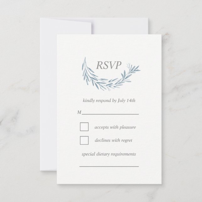 Elegant Blue Watercolor Wreath Wedding RSVP Card (Front)
