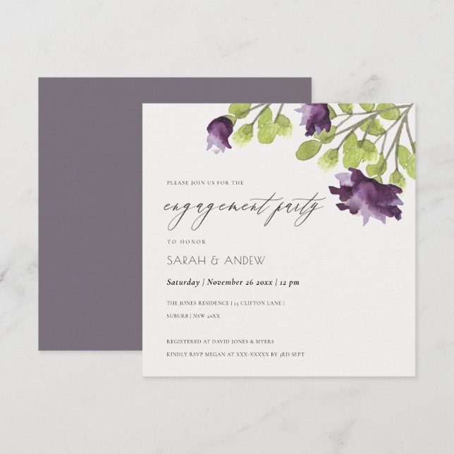 ELEGANT BLUE WATERCOLOUR FLORAL GOLD ENGAGEMENT INVITATION (Front/Back)