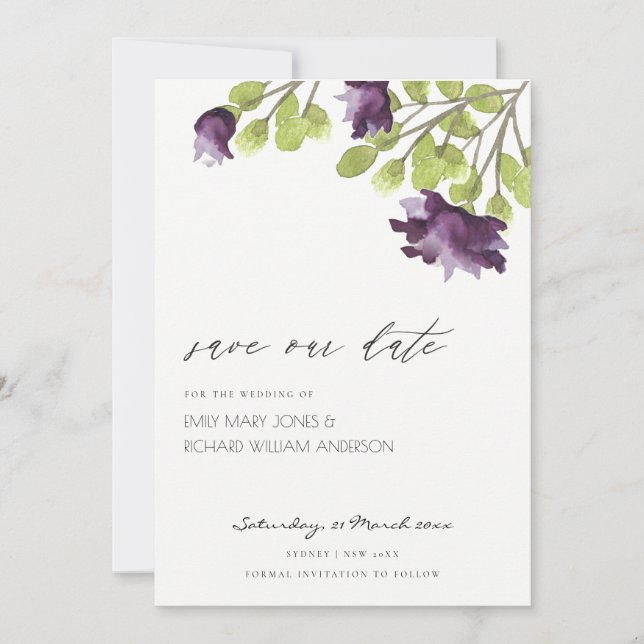 ELEGANT BLUE WATERCOLOUR FLORAL GOLD SAVE THE DATE (Front)