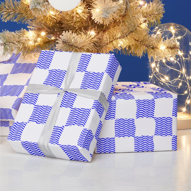 Elegant Blue Wave Checkerboard Painting Wrapping Paper (Holidays)