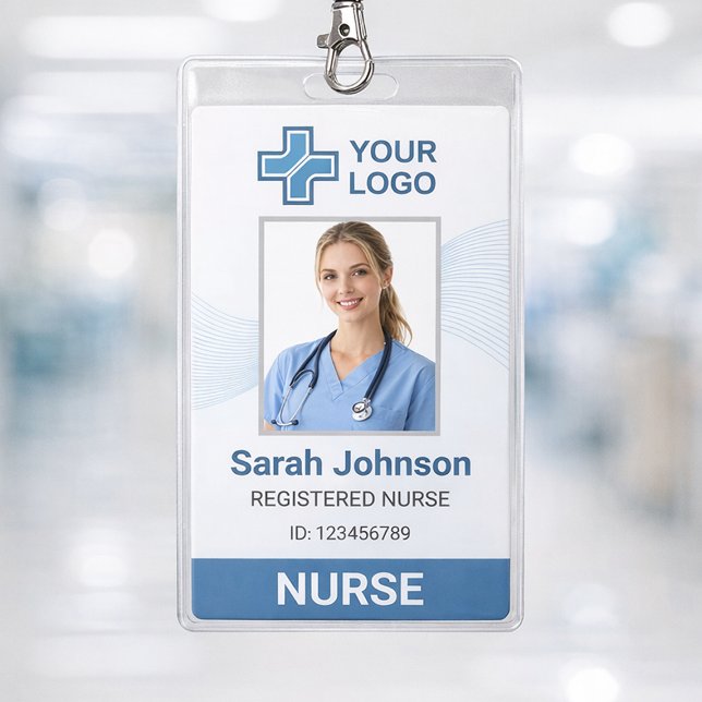 Elegant Blue Wave Nurse ID Card with QR Code Badge (Professional Nurse ID Badge Template – Clean and modern medical staff ID card )