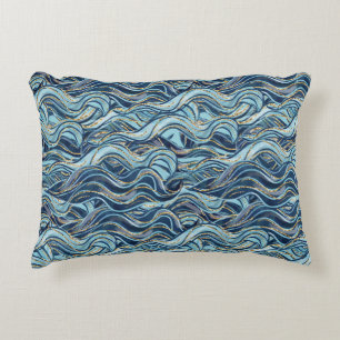 Elegant Blue Wave Pattern with Gold Accents Accent Pillow