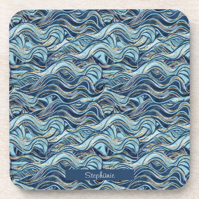 Elegant Blue Wave Pattern with Gold Accents Beverage Coaster (Front)