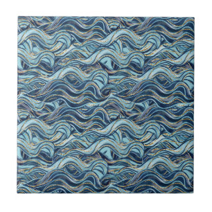 Elegant Blue Wave Pattern with Gold Accents Ceramic Tile