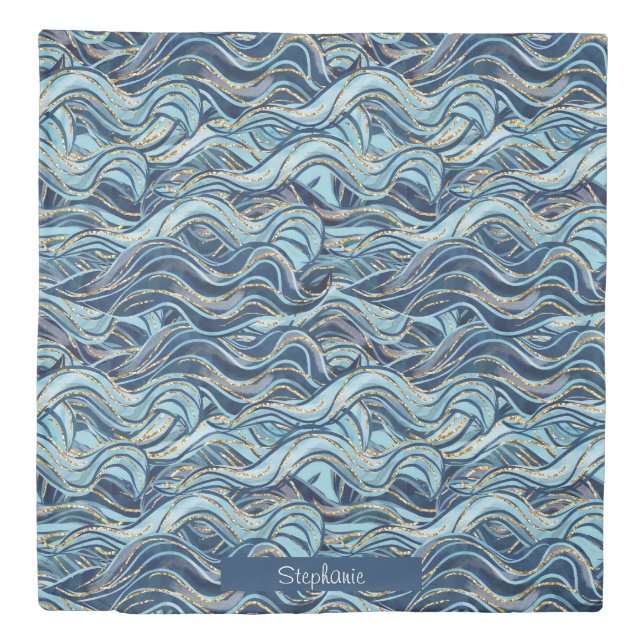 Elegant Blue Wave Pattern with Gold Accents Duvet Cover (Front)