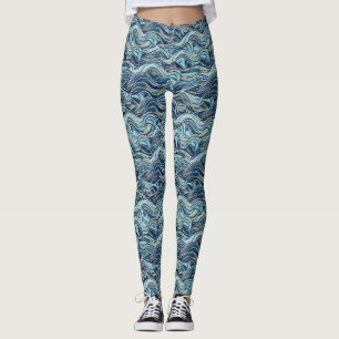 Elegant Blue Wave Pattern with Gold Accents Leggings