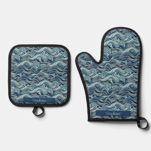 Elegant Blue Wave Pattern with Gold Accents Oven Mitt & Pot Holder Set (Front)