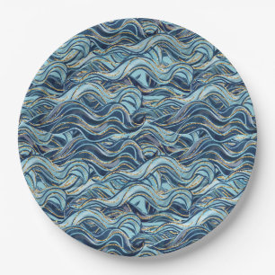 Elegant Blue Wave Pattern with Gold Accents Paper Plates