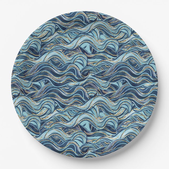 Elegant Blue Wave Pattern with Gold Accents Paper Plates (Front)