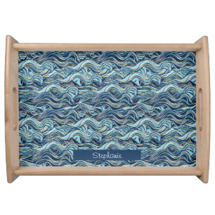 Elegant Blue Wave Pattern with Gold Accents Serving Tray