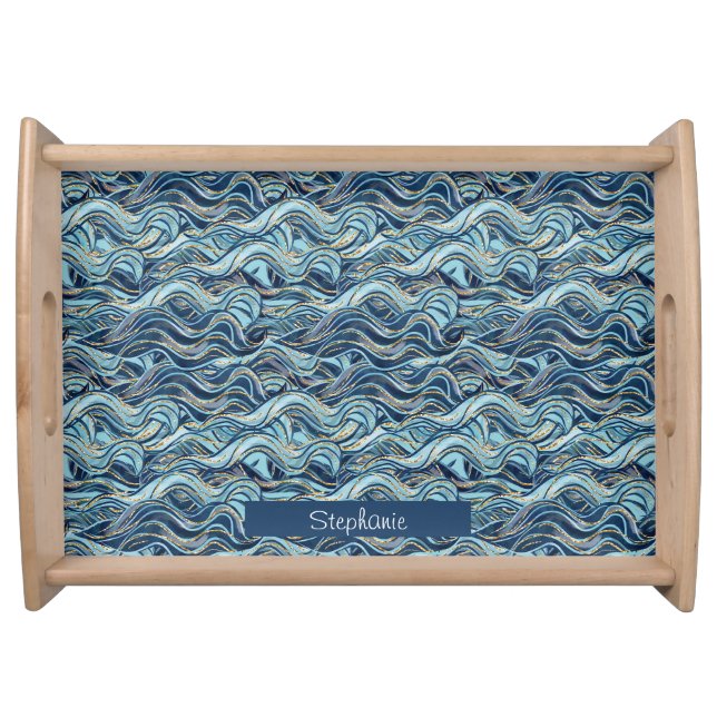 Elegant Blue Wave Pattern with Gold Accents Serving Tray (Front)