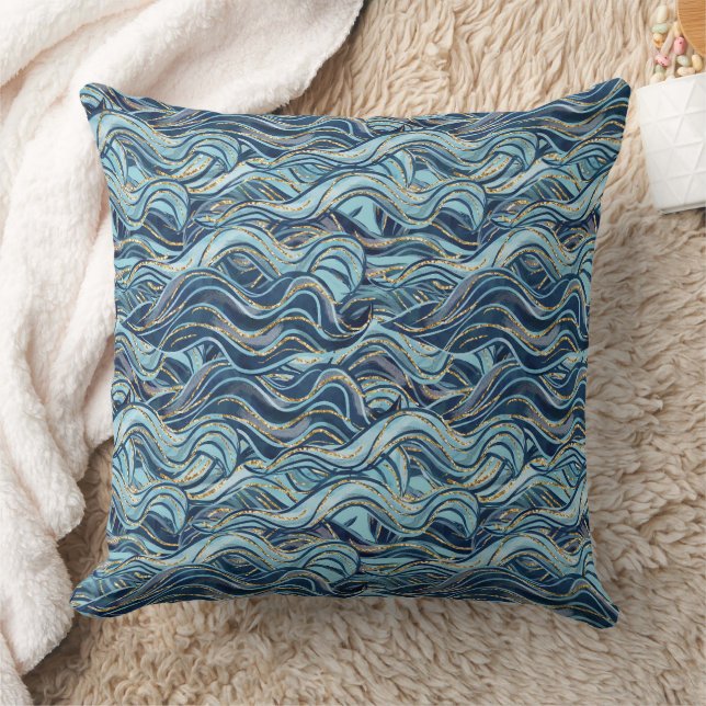 Elegant Blue Wave Pattern with Gold Accents Throw Pillow (Blanket)
