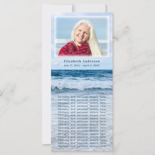 Elegant Blue Waves Funeral Memorial Photo Card (Front)