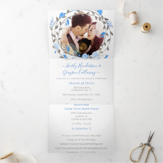Elegant Blue Wearth Peony Floral Wedding Tri-Fold Invitation
