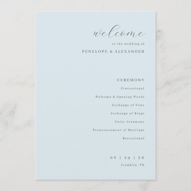 Elegant Blue Wedding Ceremony Program (Front)