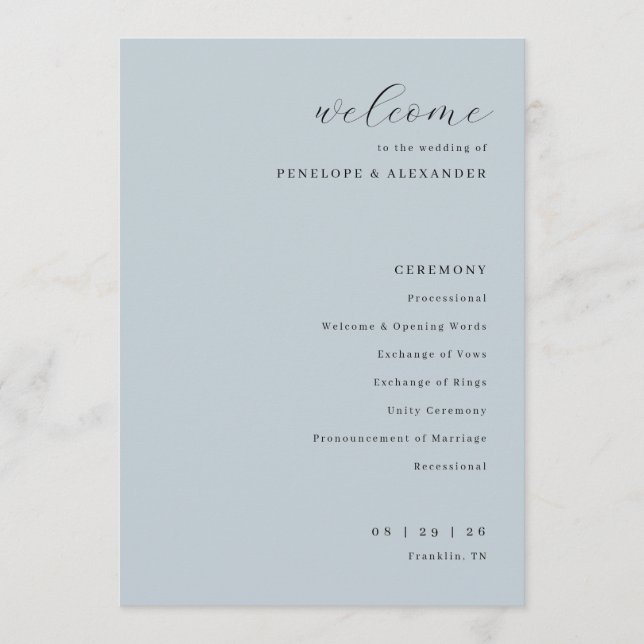 Elegant Blue Wedding Ceremony Program (Front)