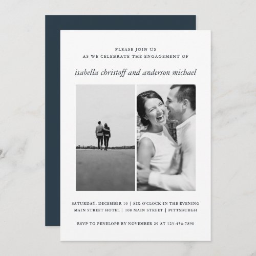 Elegant Blue Wedding Engagement Photo Invitation