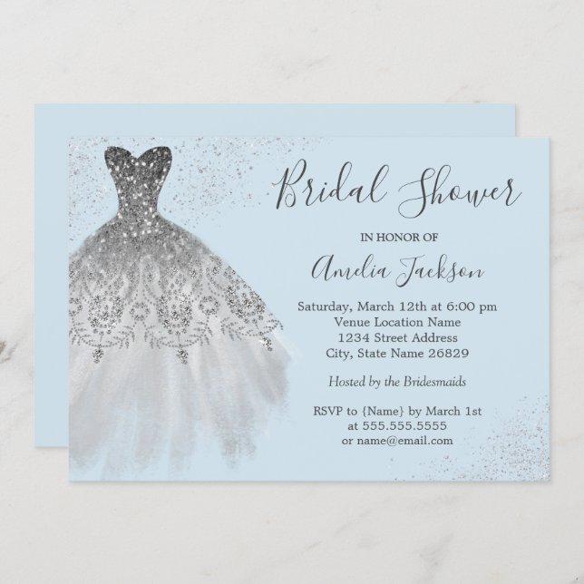 Elegant Blue Wedding Gown Bridal Shower Invitation (Front/Back)
