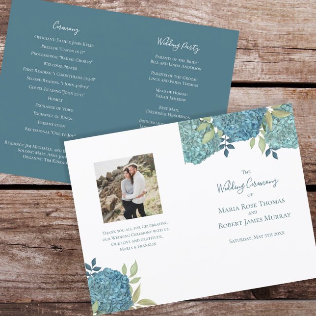 Elegant Blue Wedding Program Floral Script (Creator Uploaded)