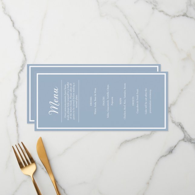 Elegant Blue Wedding Reception Dinner Menu (Front/Back In Situ)