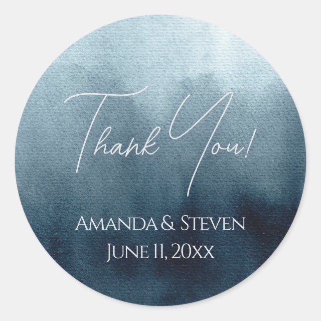 Elegant Blue Wedding Thank You Classic Round Sticker (Front)