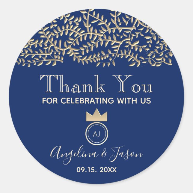 Elegant Blue Wedding Thank You Favor Classic Round Sticker (Front)