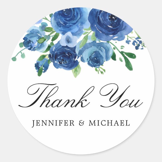 Elegant Blue Wedding Thank You Favor Stickers (Front)