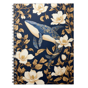 Elegant Blue Whale William Morris Inspired Floral Notebook