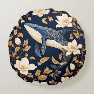Elegant Blue Whale William Morris Inspired Floral Round Pillow