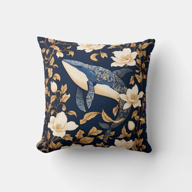 Elegant Blue Whale William Morris Inspired Floral Throw Pillow (Front)